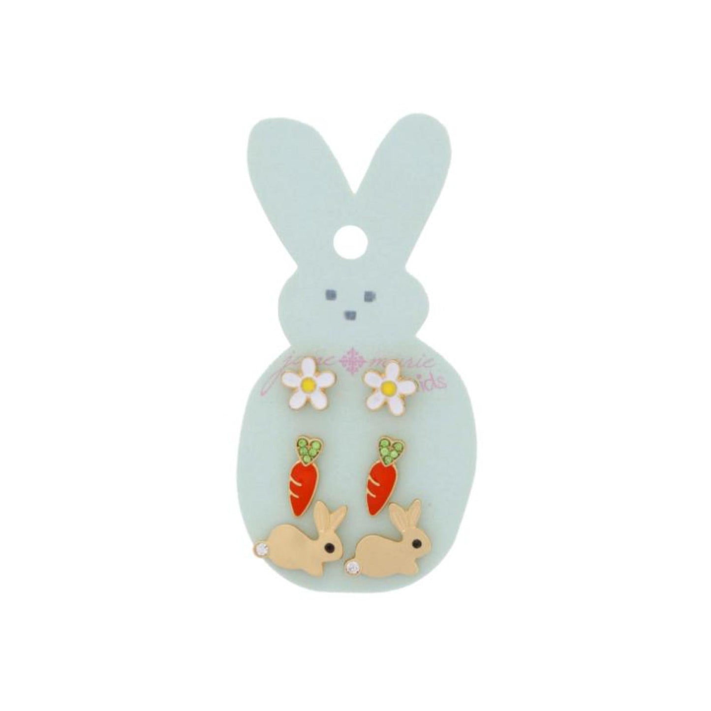 Kids 3 Stud Set, Enamel Daisy, Crystal and Enamel Carrot, Gold Bunny with Crystal Tail Earrings