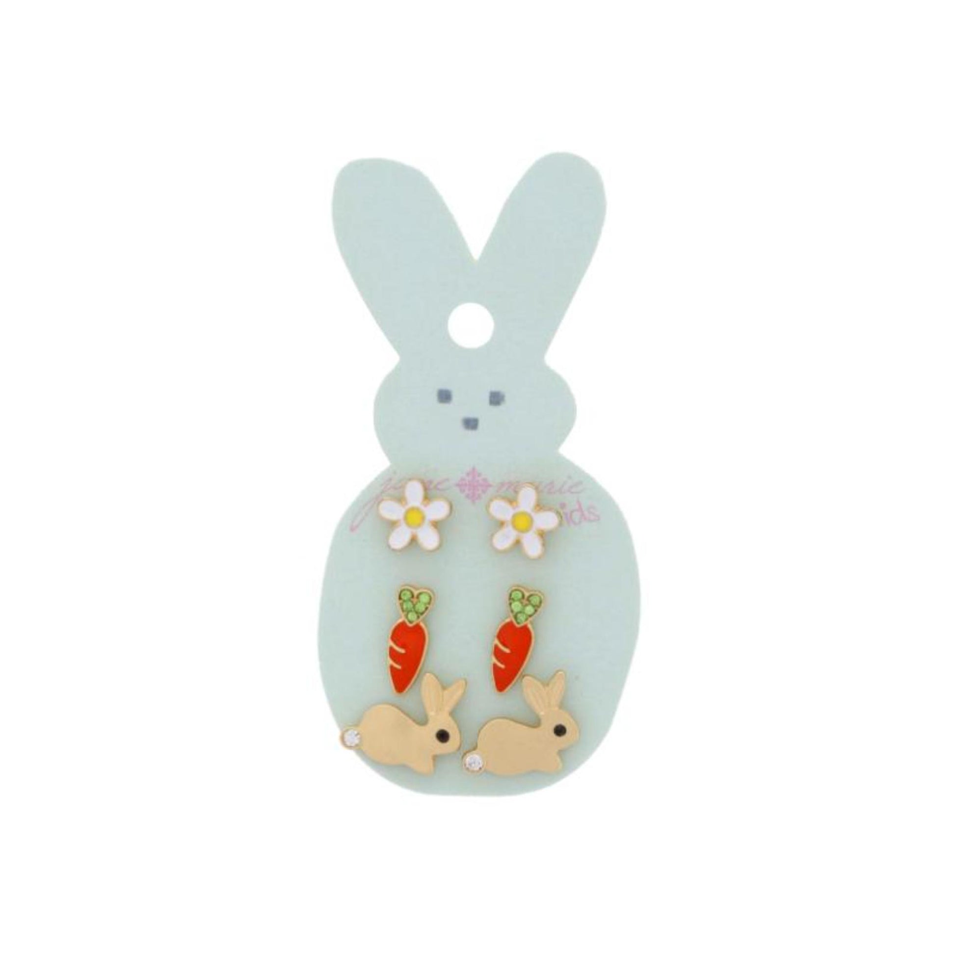 Kids 3 Stud Set, Enamel Daisy, Crystal and Enamel Carrot, Gold Bunny with Crystal Tail Earrings