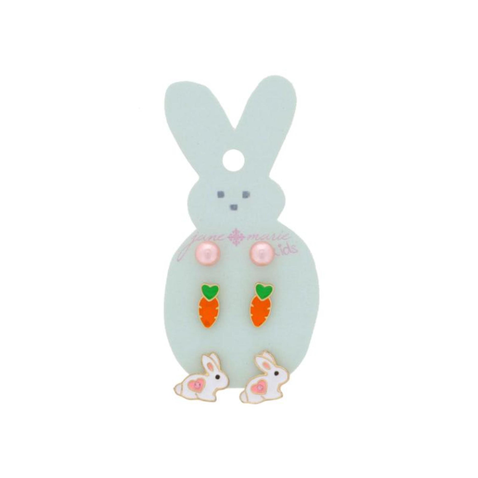 Kids 3 Stud Set, Pink Pearl, Enamel Carrot, White Enamel Bunny with Pink Crystal Heart Earrings