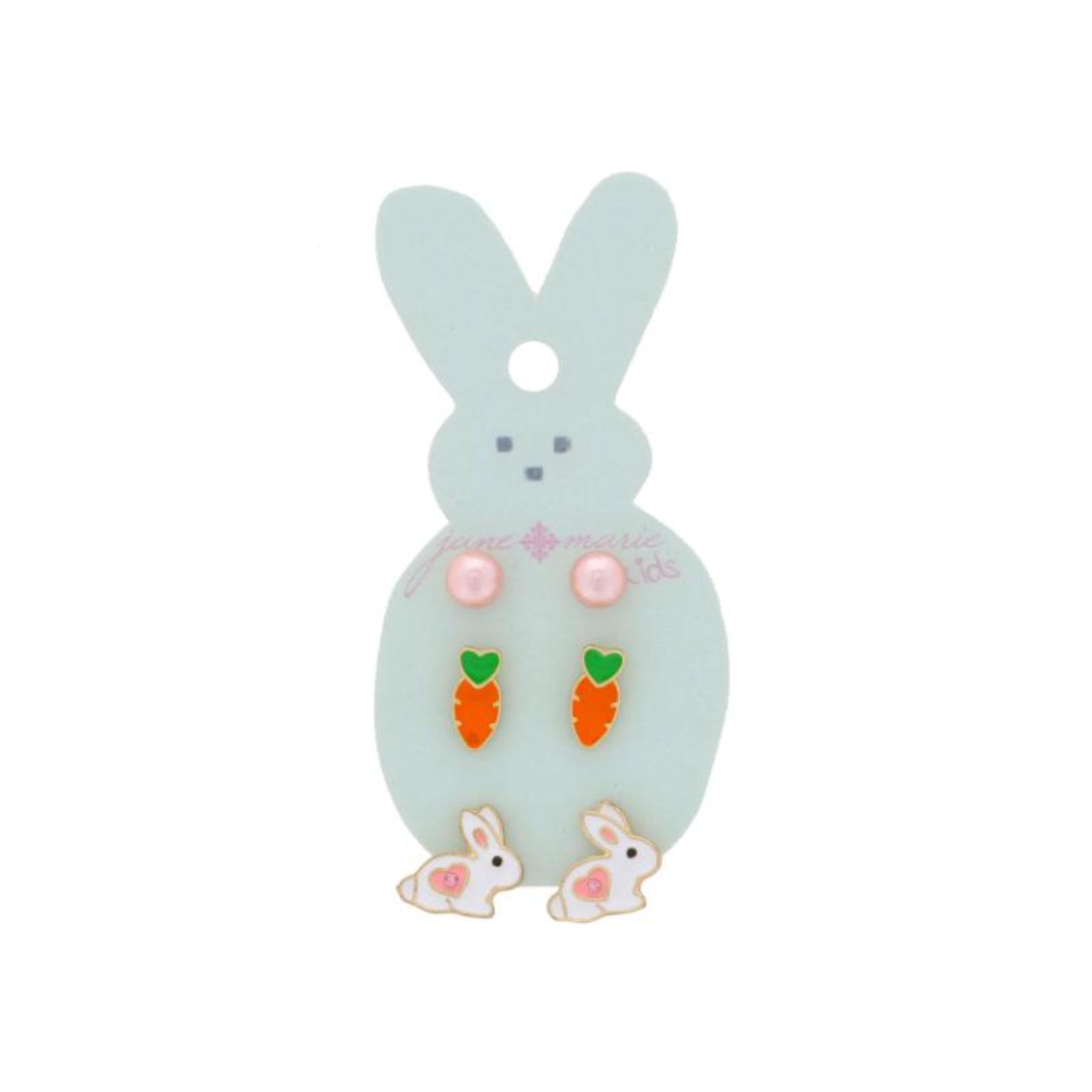 Kids 3 Stud Set, Pink Pearl, Enamel Carrot, White Enamel Bunny with Pink Crystal Heart Earrings