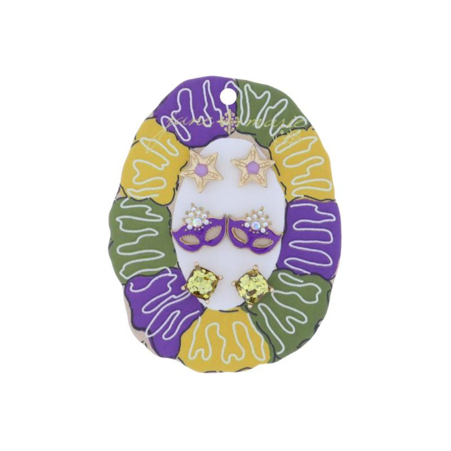 Kids 3 Stud Set, Lavender Gold Star, Purple Mask with Crystal Accents, Gold Glitter Square Earrings