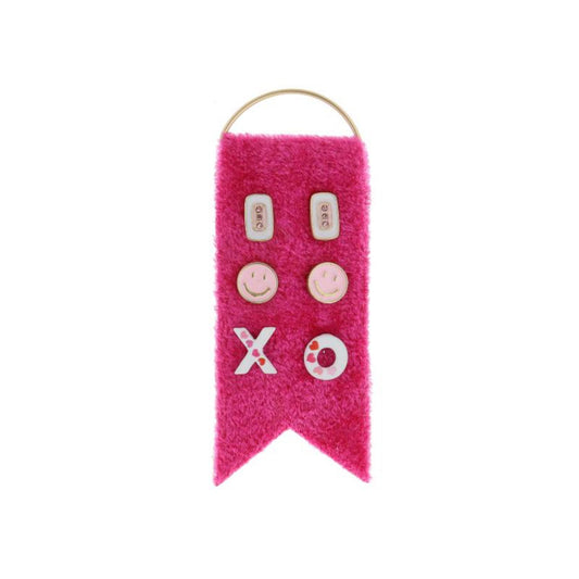 3 Stud Set, White Rectangle with Pink Crystals, Pink Happy Face, White "XO" with Hearts Earrings