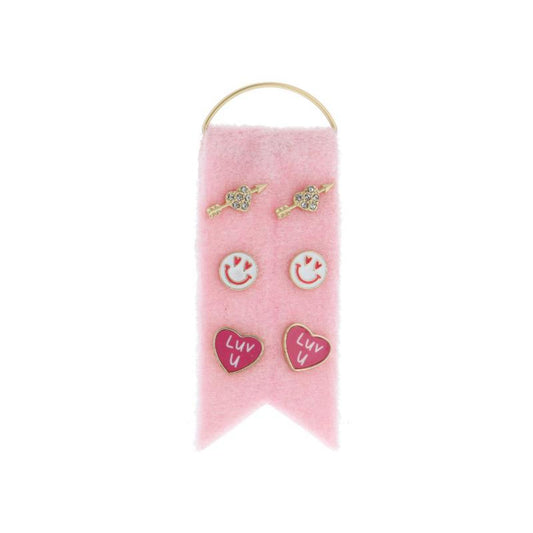 3 Stud Set, Gold with Cupid's Heart, White & Coral Heart Eyed Face, Pink "LUV U" Hearts Earrings