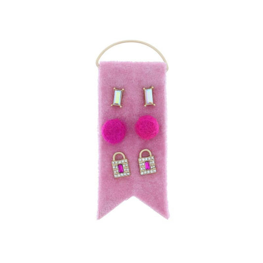 3 Stud Set, Baguette AB Crystal, Fuchsia Pom, Pave Crystal Lock with Pink Baguette Crystal Earrings