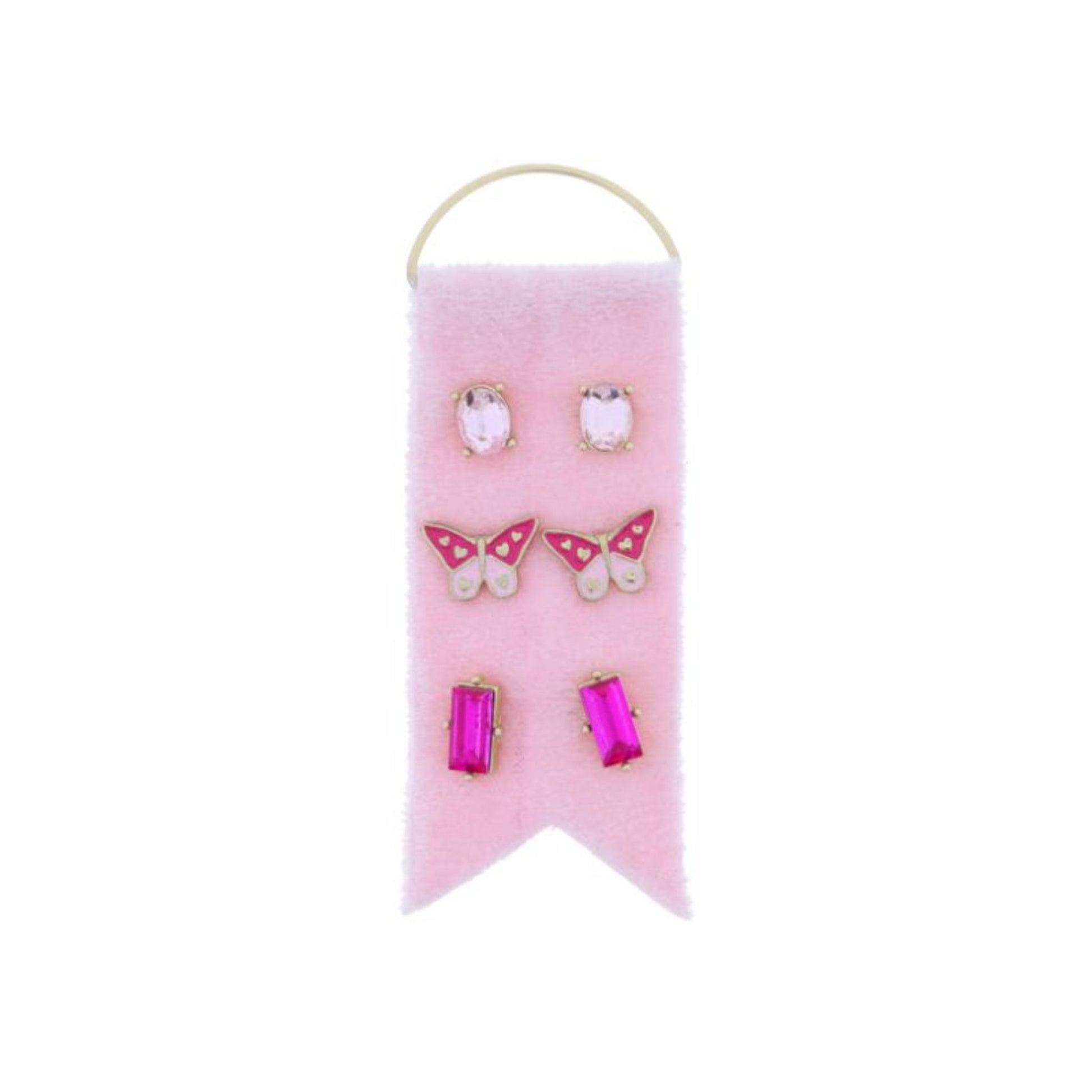 3 Stud Set, Pink Oval Crystal, Pink Enamel & Gold Hearts Butterfly, Pink Baguette Crystals Earrings