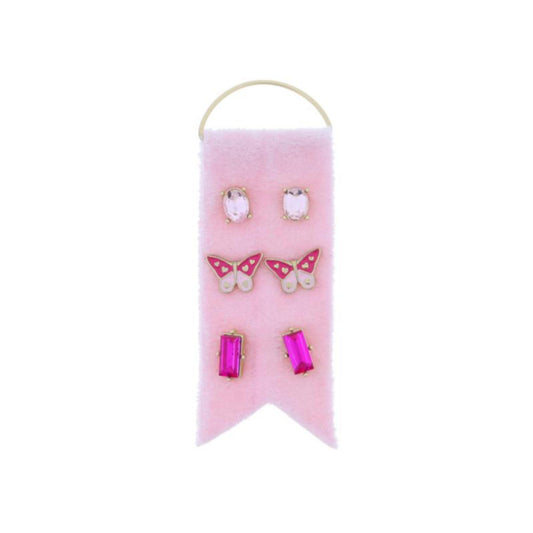 3 Stud Set, Pink Oval Crystal, Pink Enamel & Gold Hearts Butterfly, Pink Baguette Crystals Earrings