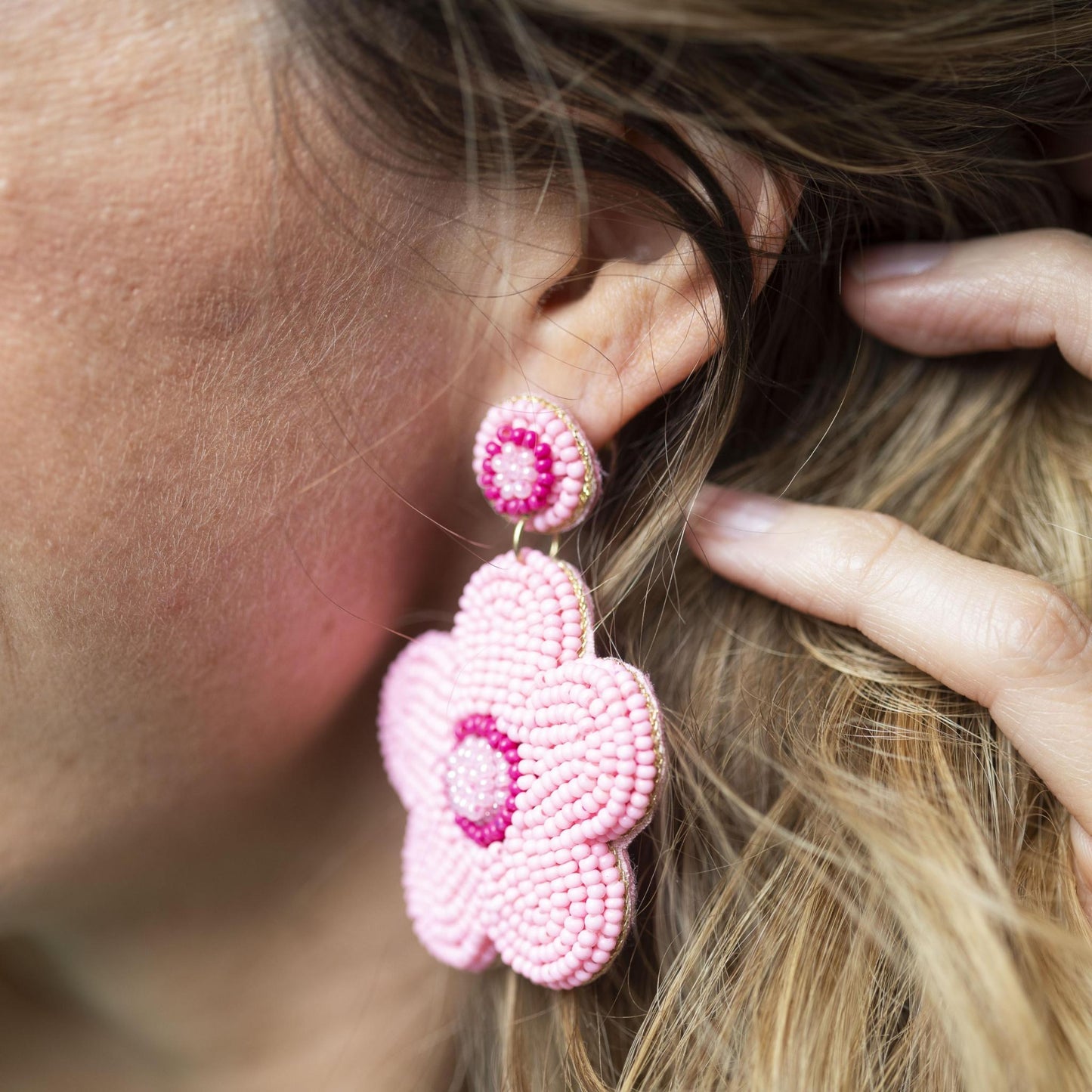 Multi Pink Beaded Post with Multi Pink Bedaed Flower Earrings