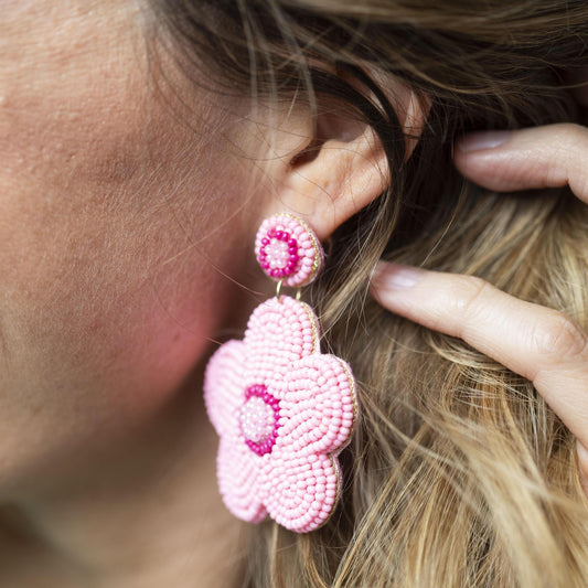 Multi Pink Beaded Post with Multi Pink Bedaed Flower Earrings