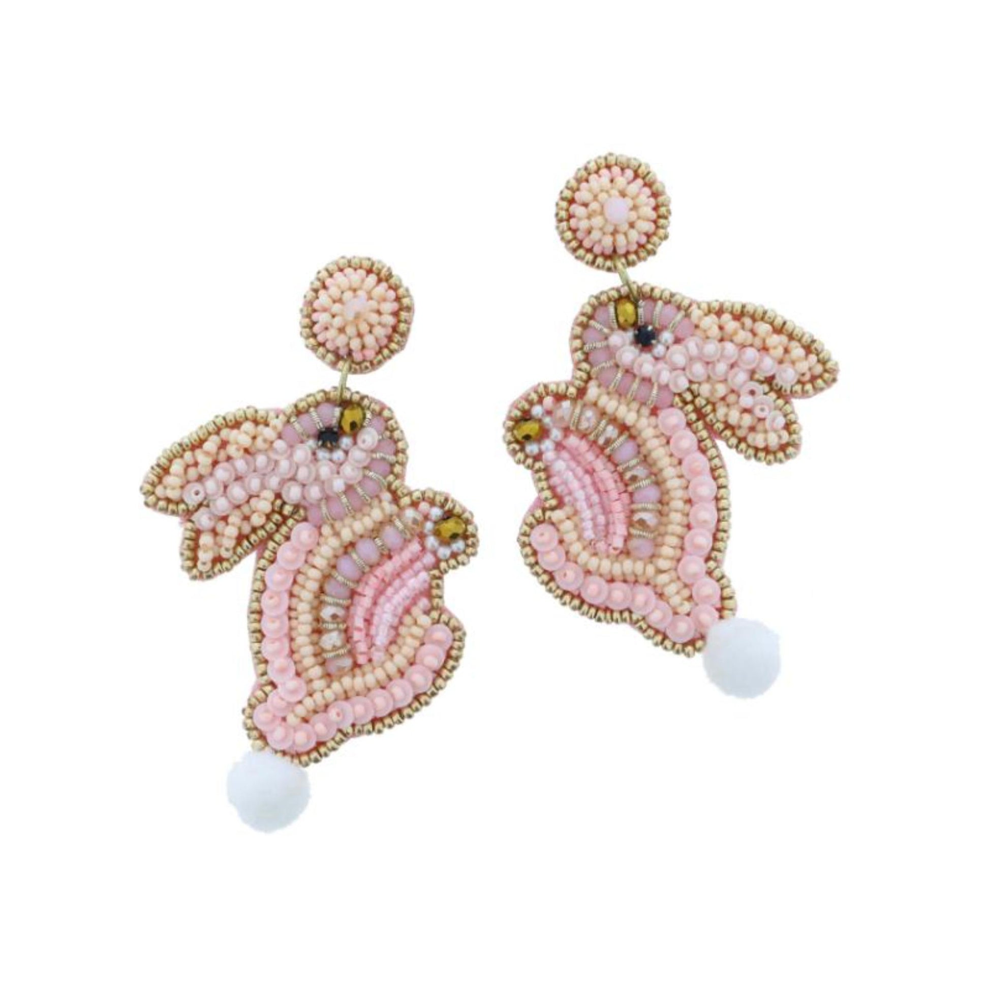 Light Pink, Peach, Gold Beaded Bunny with White Pom Tail Earrings