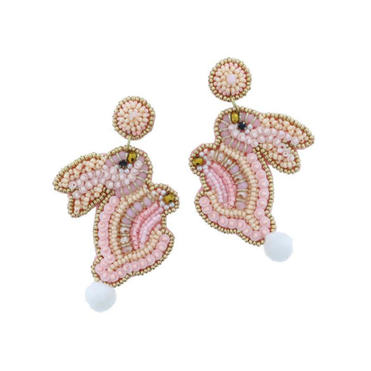 Light Pink, Peach, Gold Beaded Bunny with White Pom Tail Earrings