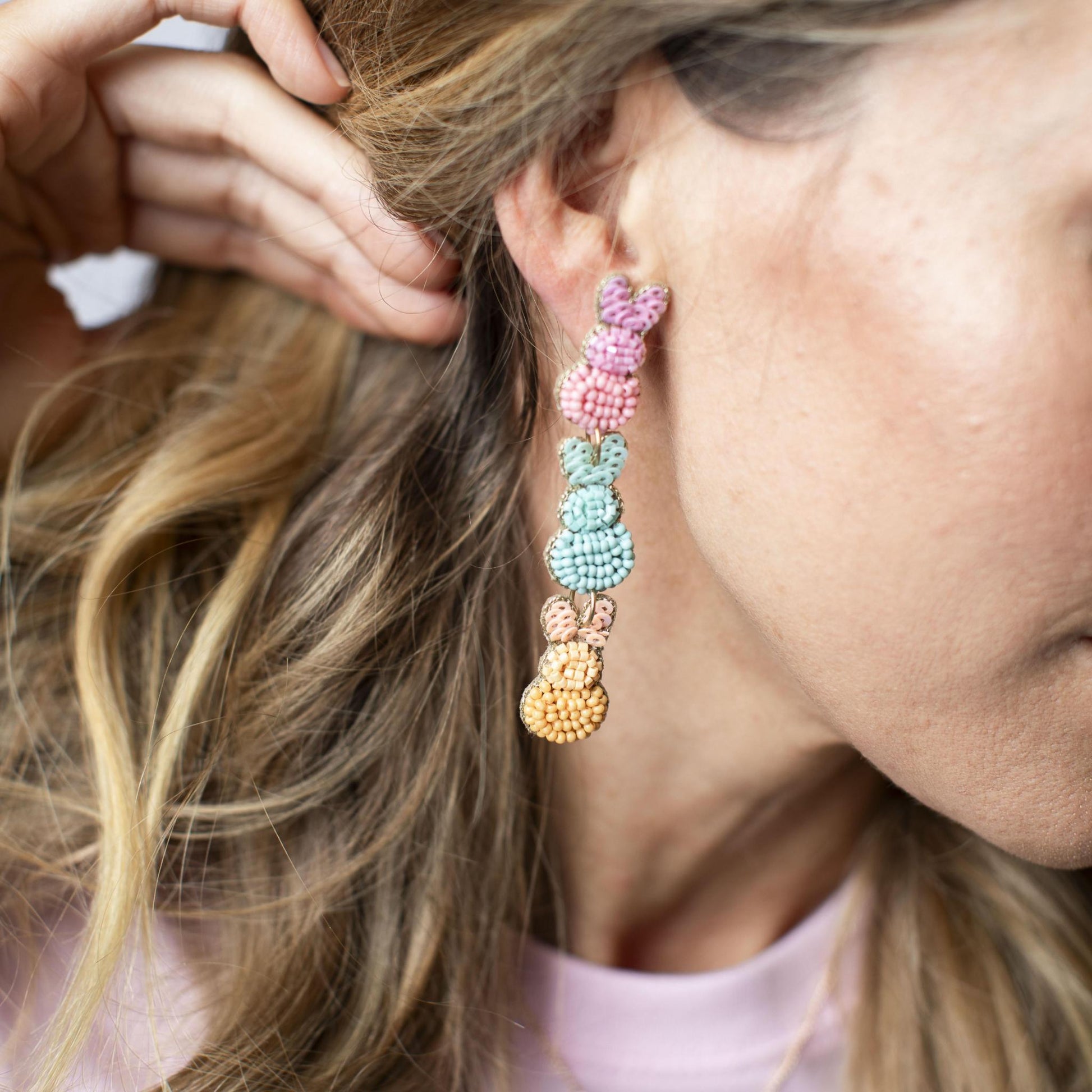 Mini Pink, Mint Blue, Peach Tierred Beaded Bunnies Earrings