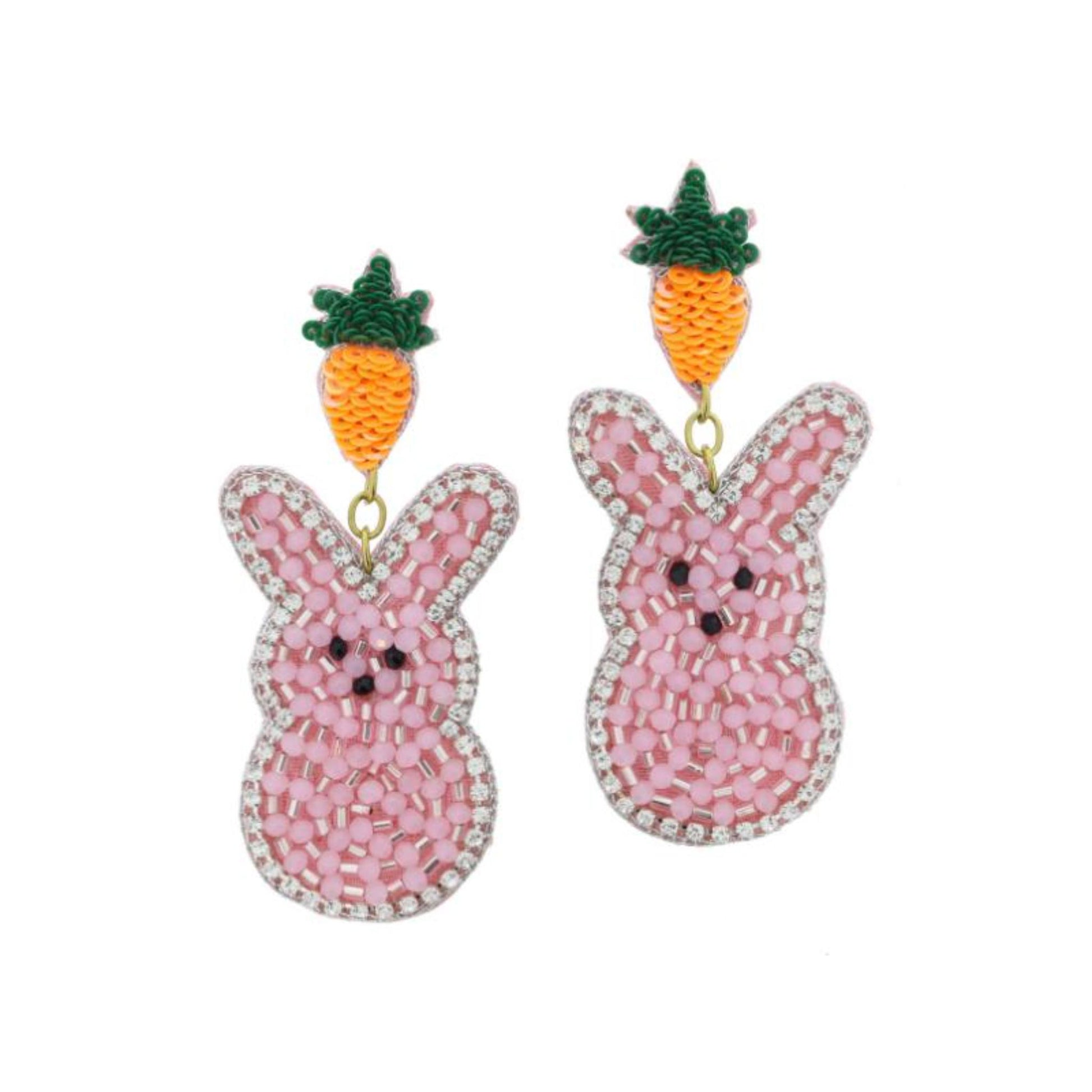 Mini Sequin Carrot Post with Clear Crystal Lined Light Pink Beaded Bunny Earrings