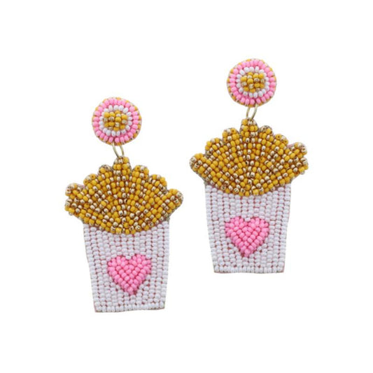 Multi Beaded Post with Beaded Golden French Fries in Pink Heart Container Earrings