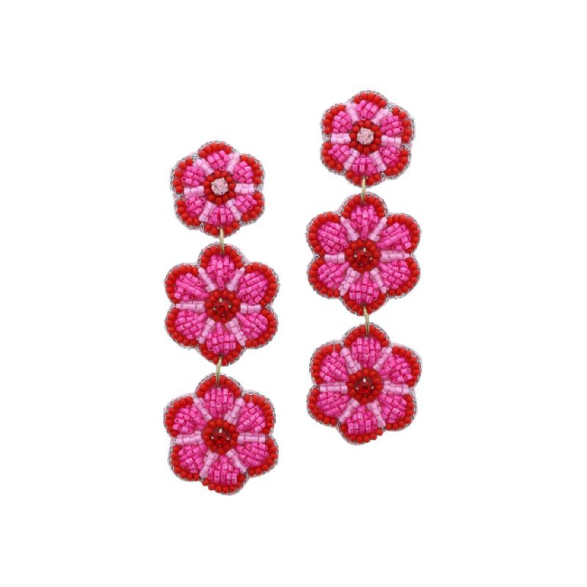 Tierred Multi Red, Hot Pink, Pink Beaded Flowers with Crystal Centers Earrings