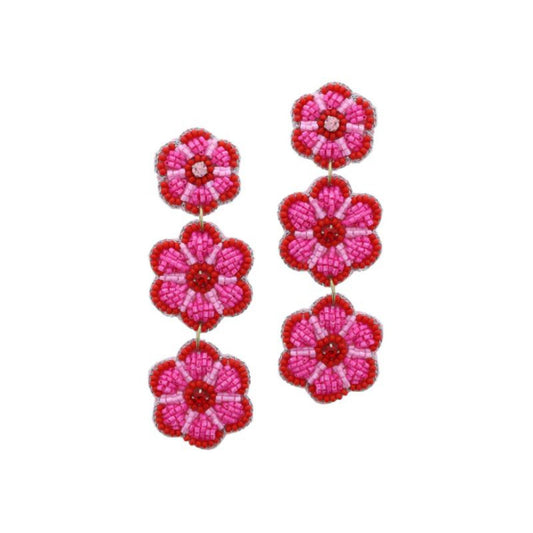 Tierred Multi Red, Hot Pink, Pink Beaded Flowers with Crystal Centers Earrings