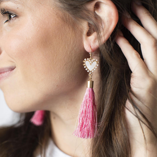 Shell Inlay Heart with Pearl Edge and Multi Pink Fringe Tassel Earrings