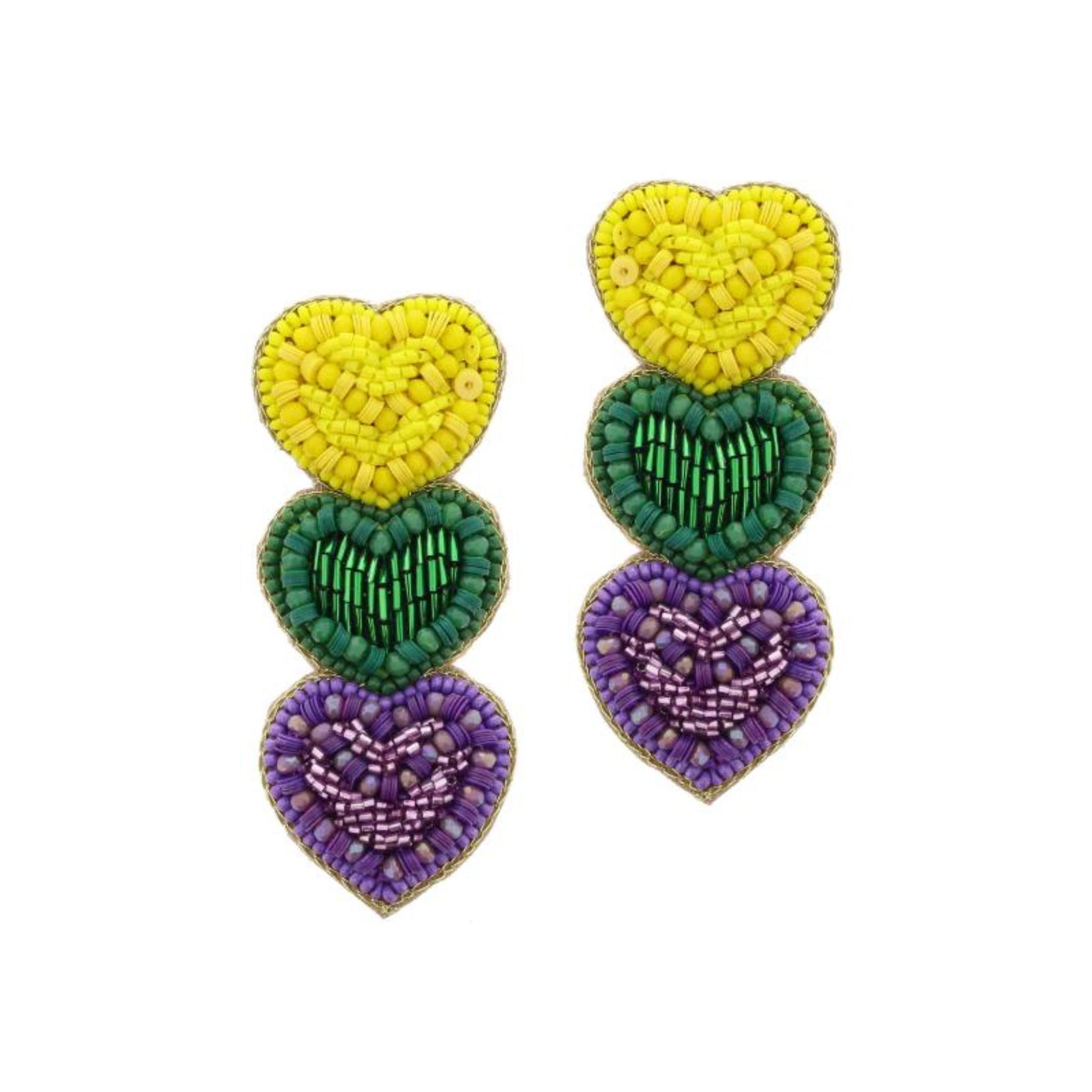 Stacked Sequin and Beaded Yellow Heart, Green Heart, Purple Heart Earrings