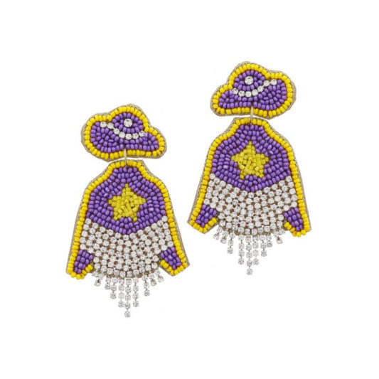 Purple and Yellow Beaded Cowgirl Hat and Star Jacket with Clear Crystal Fringe Earrings
