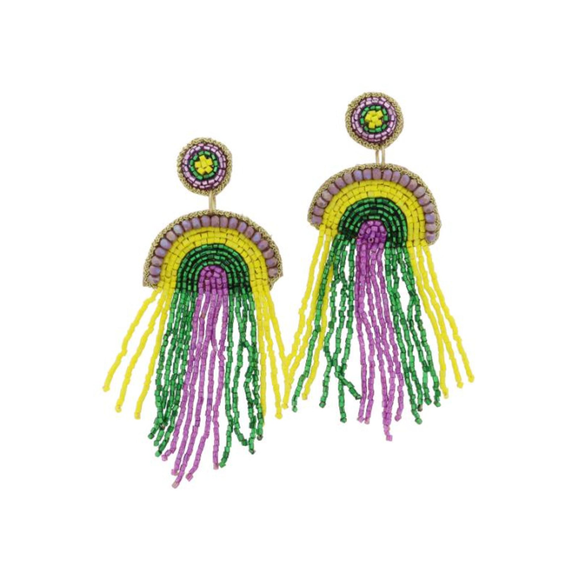 Multi Green, Yellow, Purple Beaded Post and Fringe Rainbow Arch Earrings