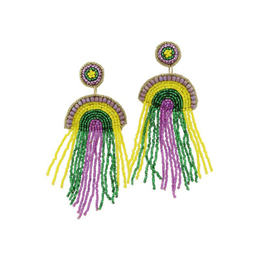 Multi Green, Yellow, Purple Beaded Post and Fringe Rainbow Arch Earrings