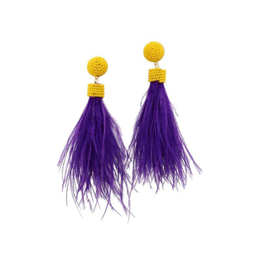 Golden Yellow Beaded Post and Golden Yellow Bead Wrapped Whispy Purple Feathers Tassel Earrings