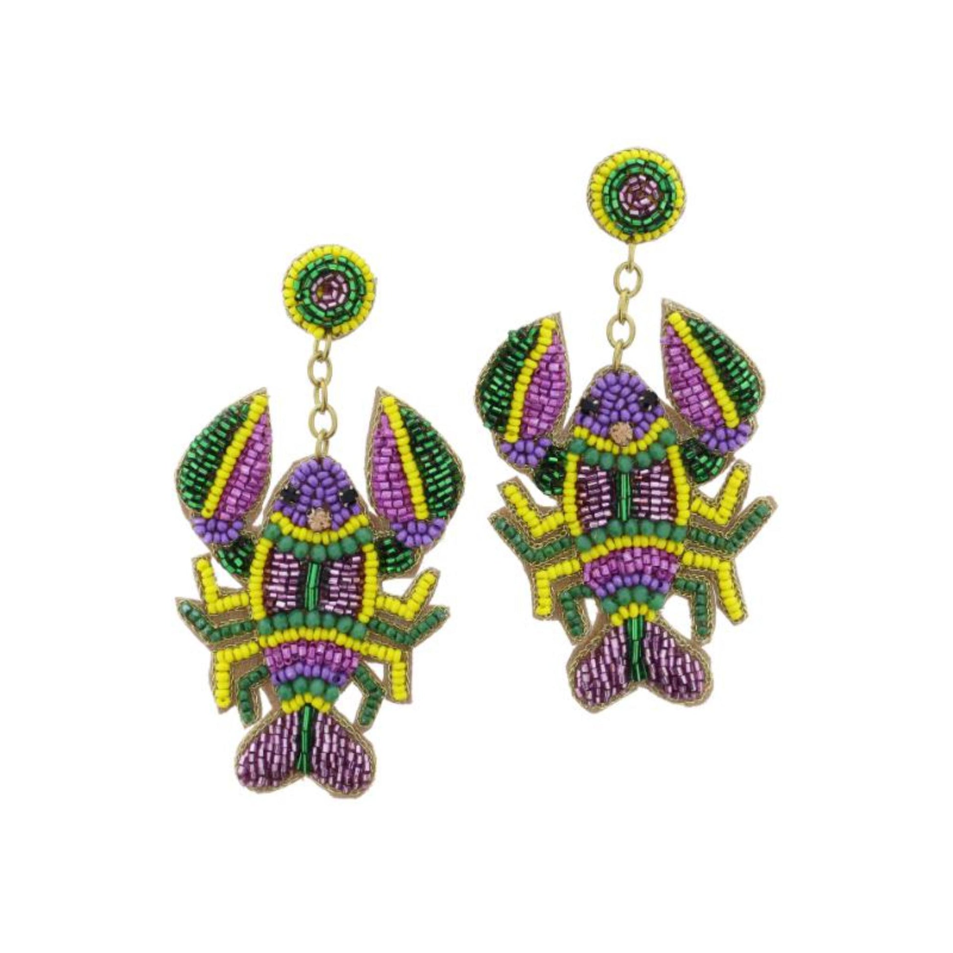Multi Green, Yellow, Purple Beaded Post and Crawfish Earrings