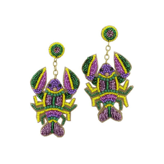 Multi Green, Yellow, Purple Beaded Post and Crawfish Earrings