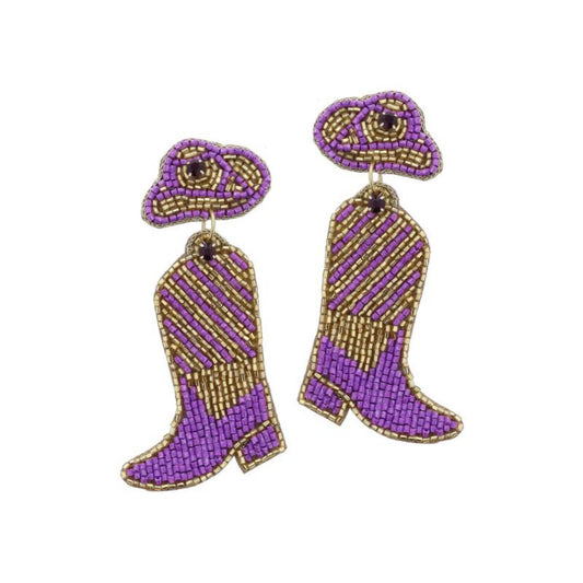Gold and Purple Beaded Cowgirl Hat and Cowgirl Boot Earrings
