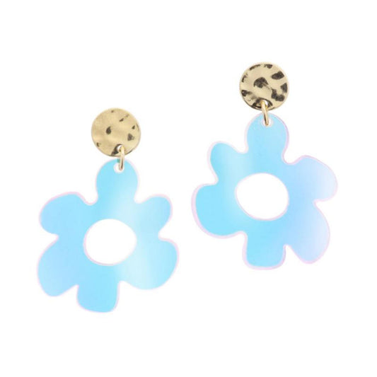 Gold Hammered Post with Iridescent Acrylic Wavy Flower Earrings