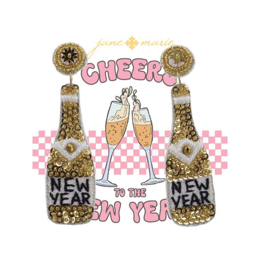 Gold and White Beaded "NEW YEAR" Champagne Bottle Earrings