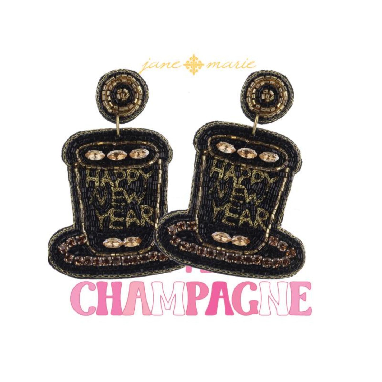 Black and Gold Beaded "HAPPY NEW YEAR" Hat Earrings