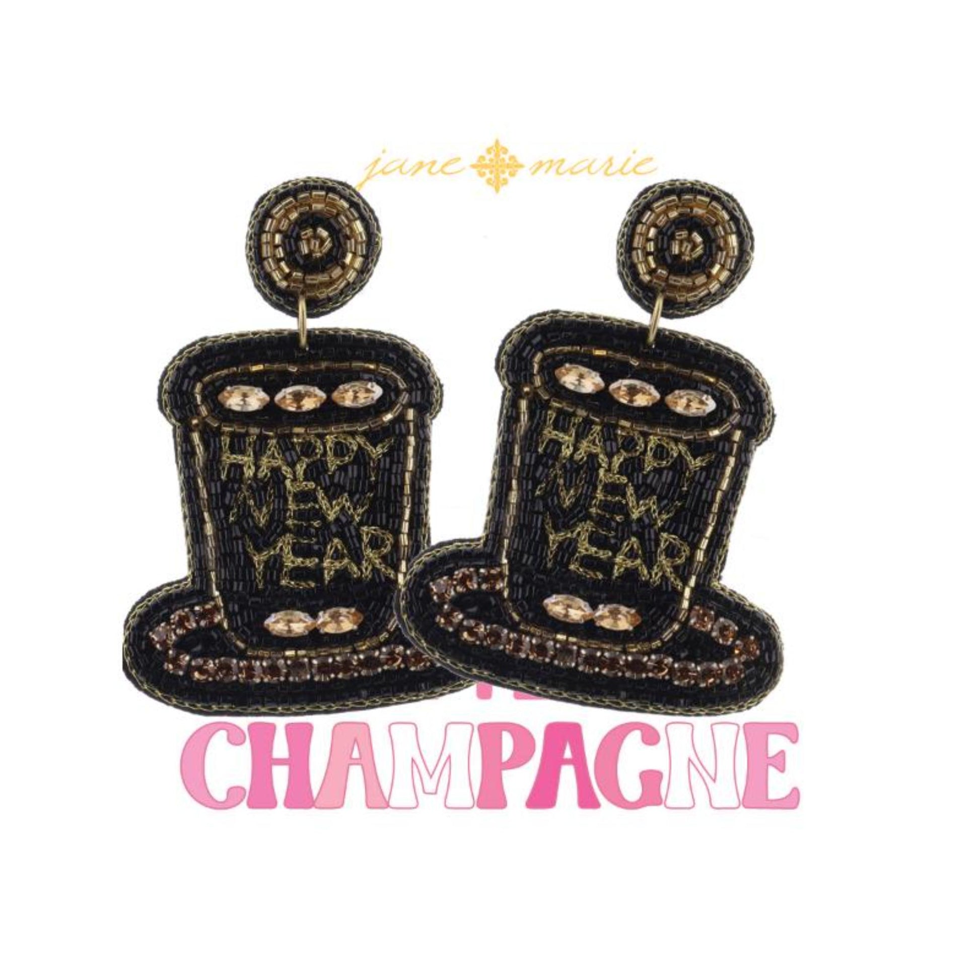 Black and Gold Beaded "HAPPY NEW YEAR" Hat Earrings