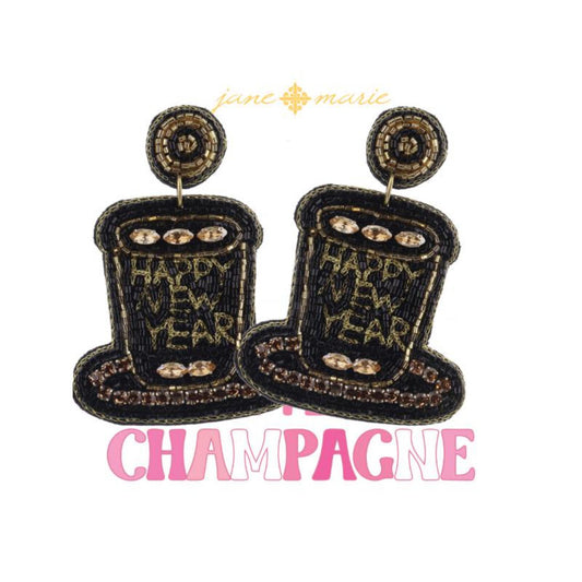 Black and Gold Beaded "HAPPY NEW YEAR" Hat Earrings