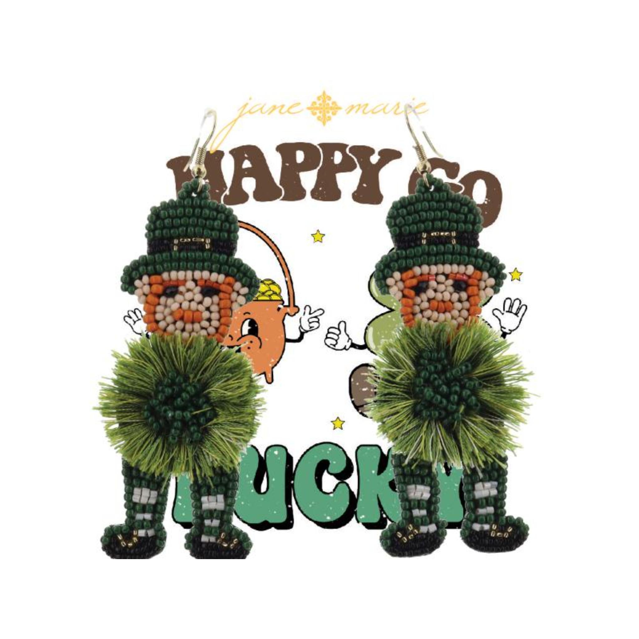 Beaded Leprechaun with Green Fringe Accent Earrings