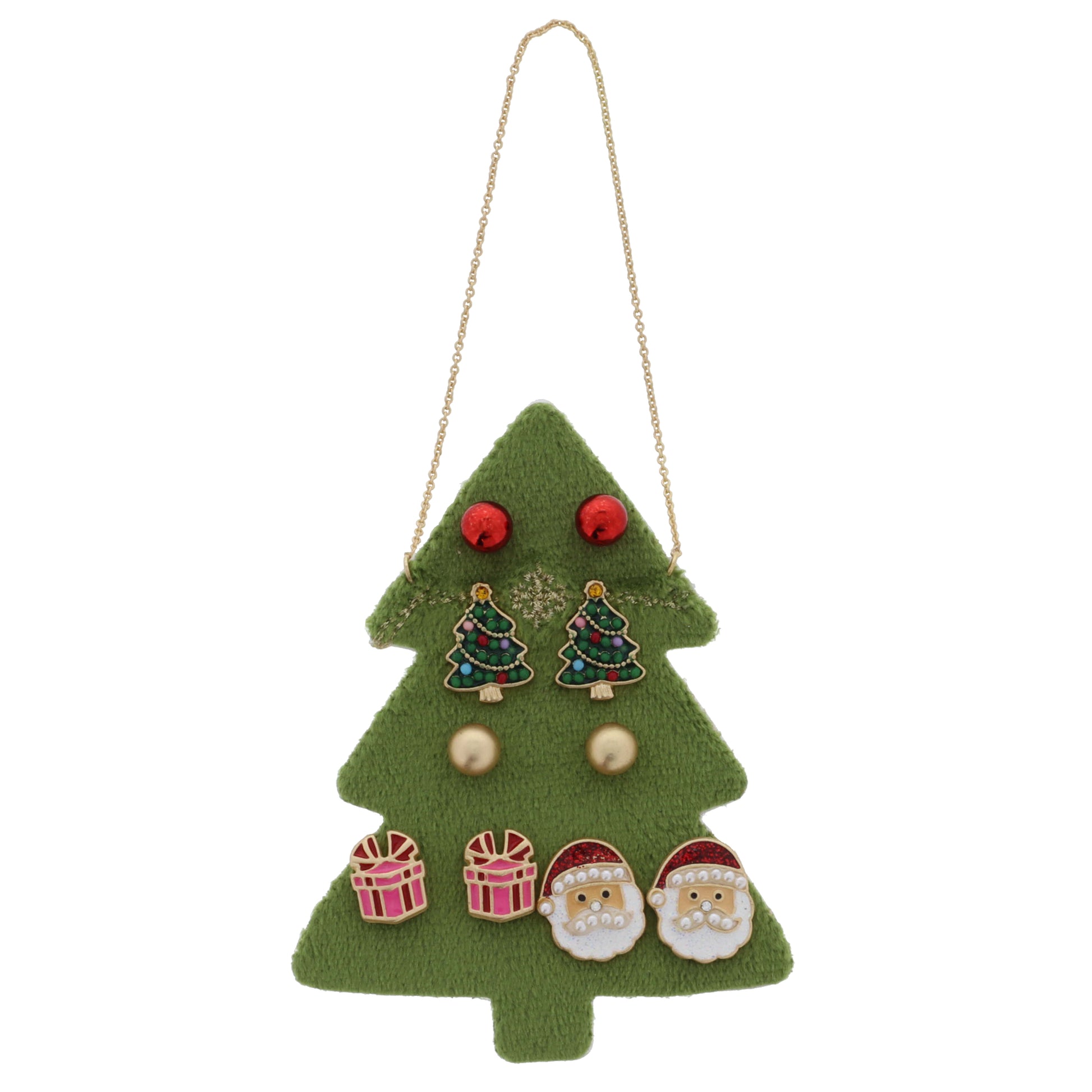 5 Stud Set, Balls, Christmas Tree, Present, Santa, .25", .5", .25", .35", .5" Top to Bottom