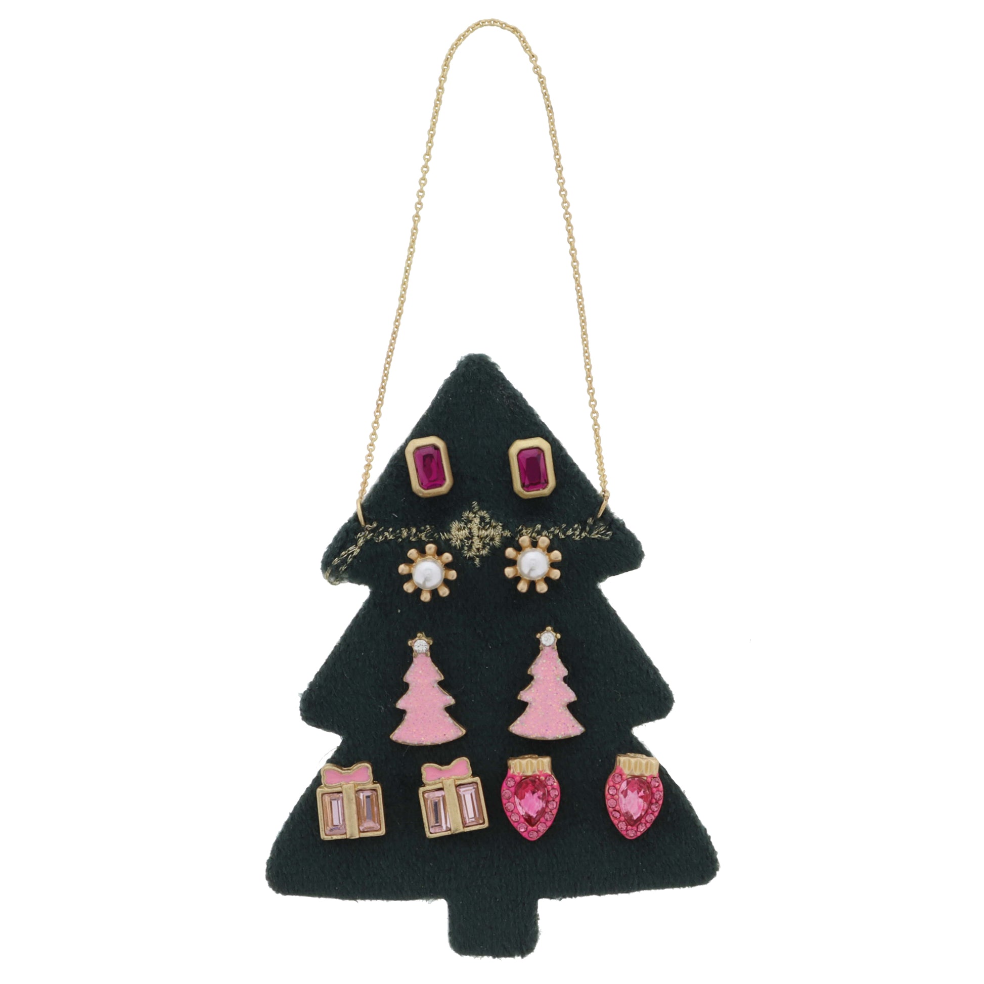 5 Stud Set, Crystal, Pearl, Pink Tree, Present, Light, .25", .25", .5", .35", .35" Top to Bottom