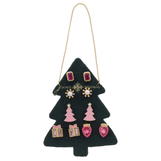 5 Stud Set, Crystal, Pearl, Pink Tree, Present, Light, .25", .25", .5", .35", .35" Top to Bottom