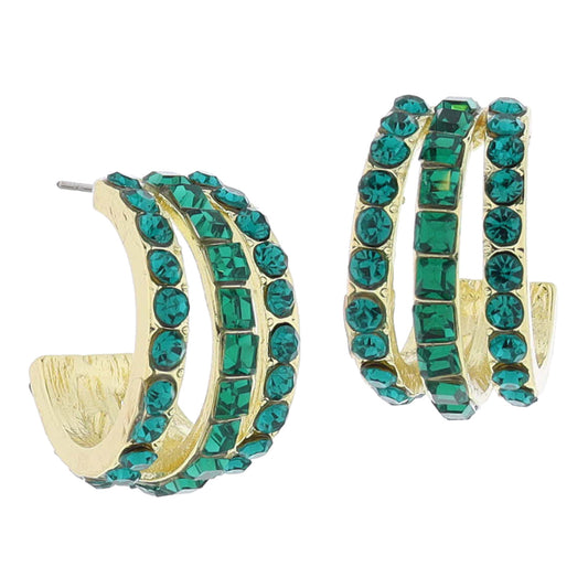 Emerald Crystal Hoop Cluster Earrings, .85" Top to Bottom
