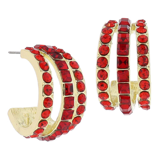 Ruby Crystal Hoop Cluster Earrings, .85" Top to Bottom