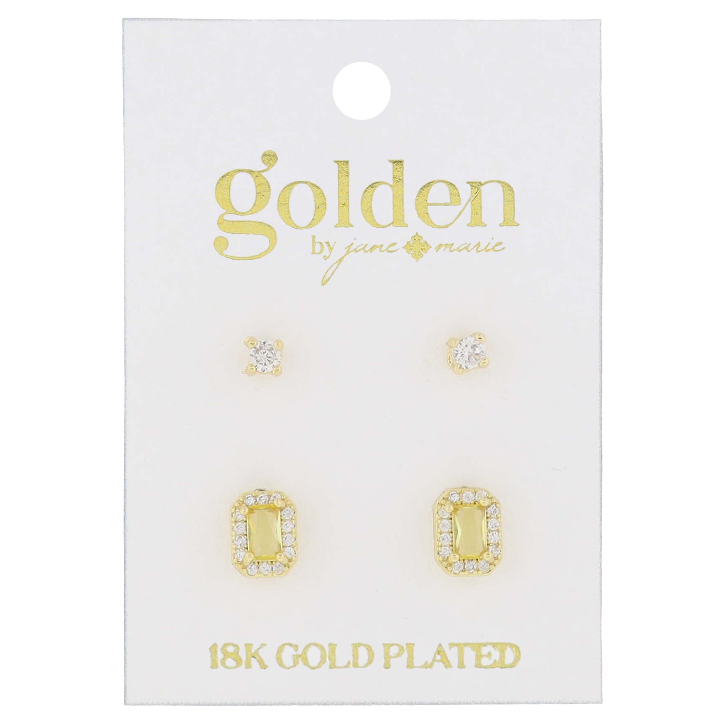 18K Gold Plated 2 Stud Set, Crystal, Topaz Baguette Earrings, .15", .35" Top to Bottom