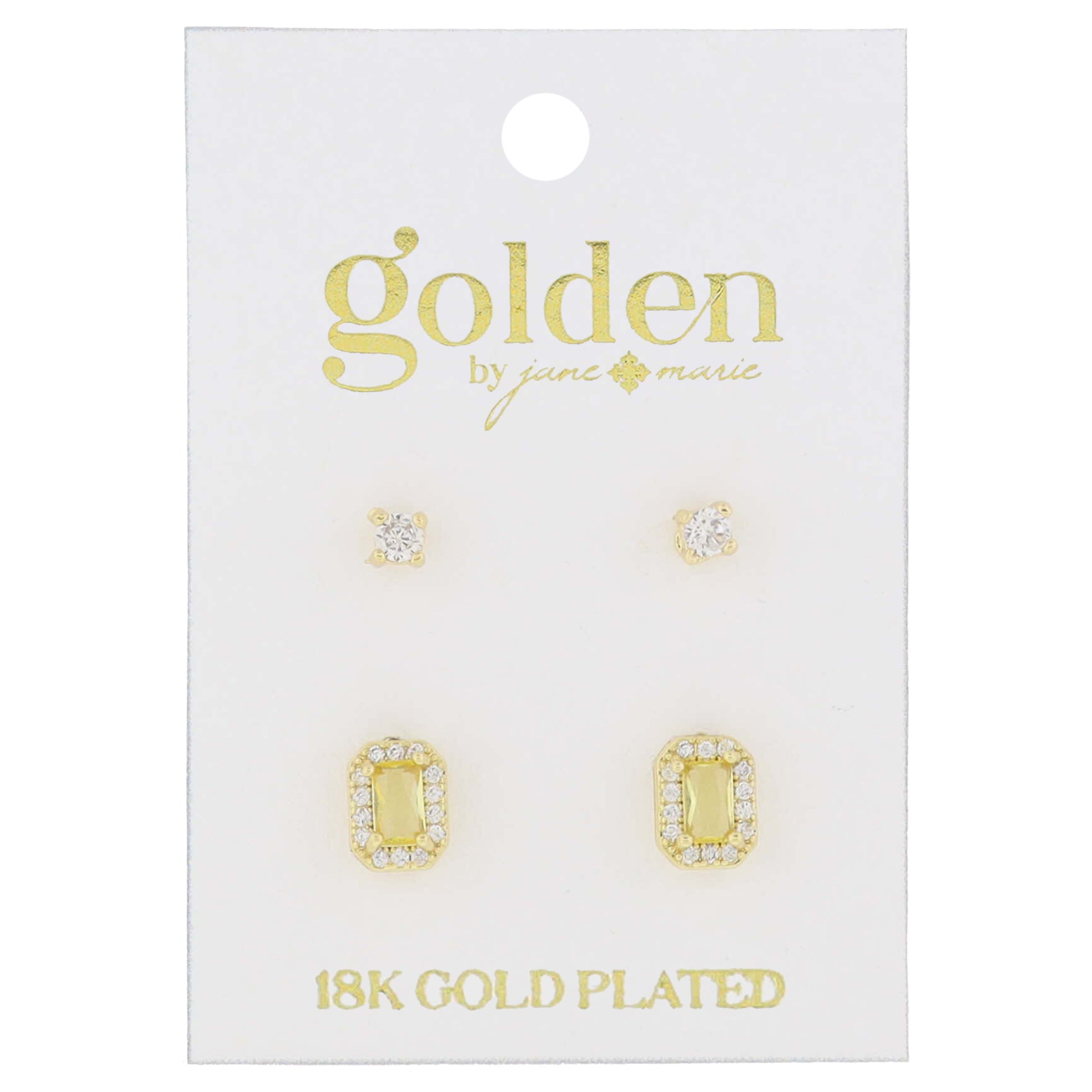 18K Gold Plated 2 Stud Set, Crystal, Topaz Baguette Earrings, .15", .35" Top to Bottom
