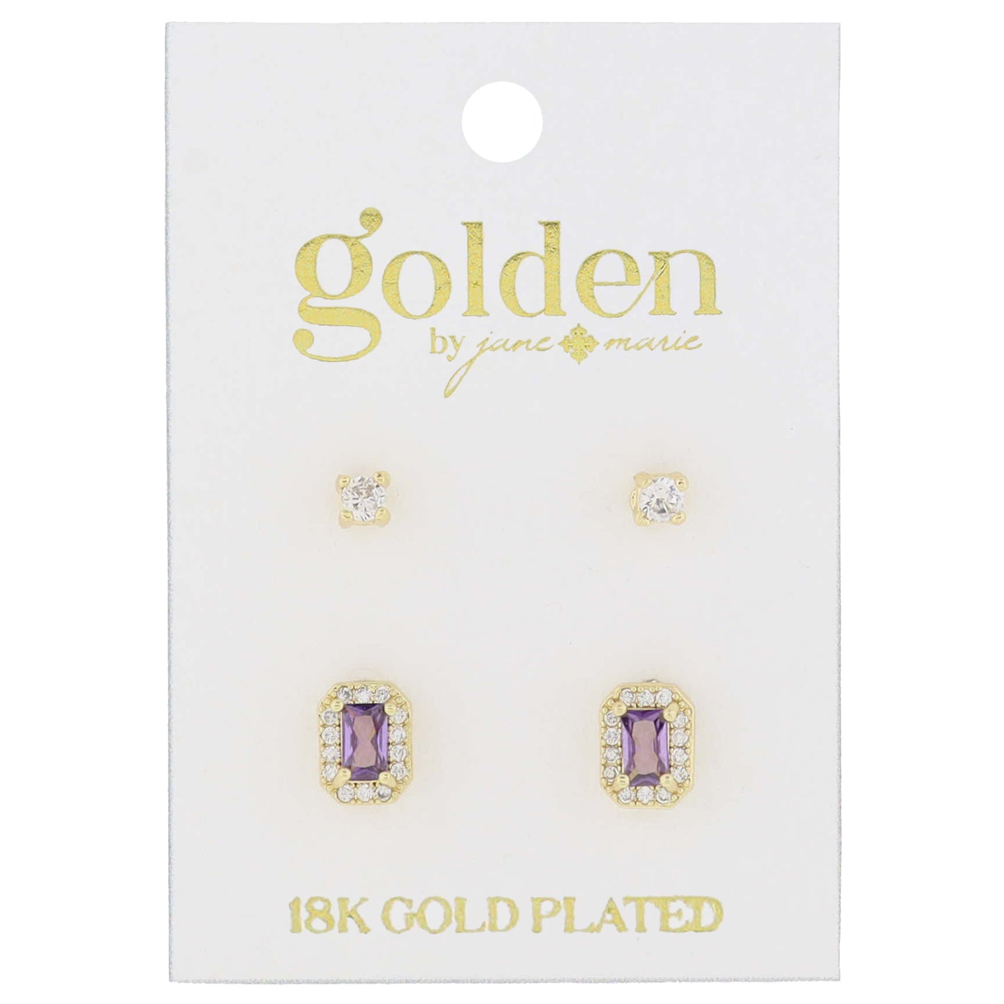 18K Gold Plated 2 Stud Set, Crystal, Amethyst Baguette Earrings, .15", .35" Top to Bottom