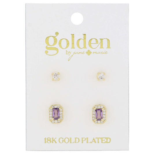 18K Gold Plated 2 Stud Set, Crystal, Amethyst Baguette Earrings, .15", .35" Top to Bottom