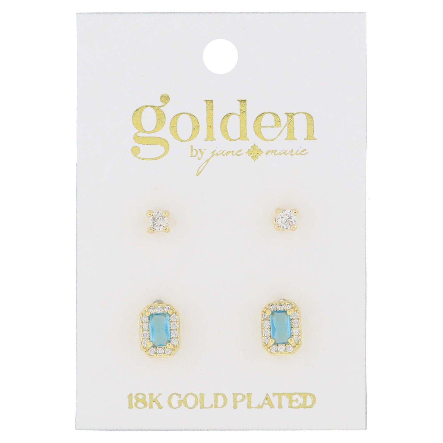 18K Gold Plated 2 Stud Set, Crystal, Aquamarine Baguette Earrings, .15", .35" Top to Bottom