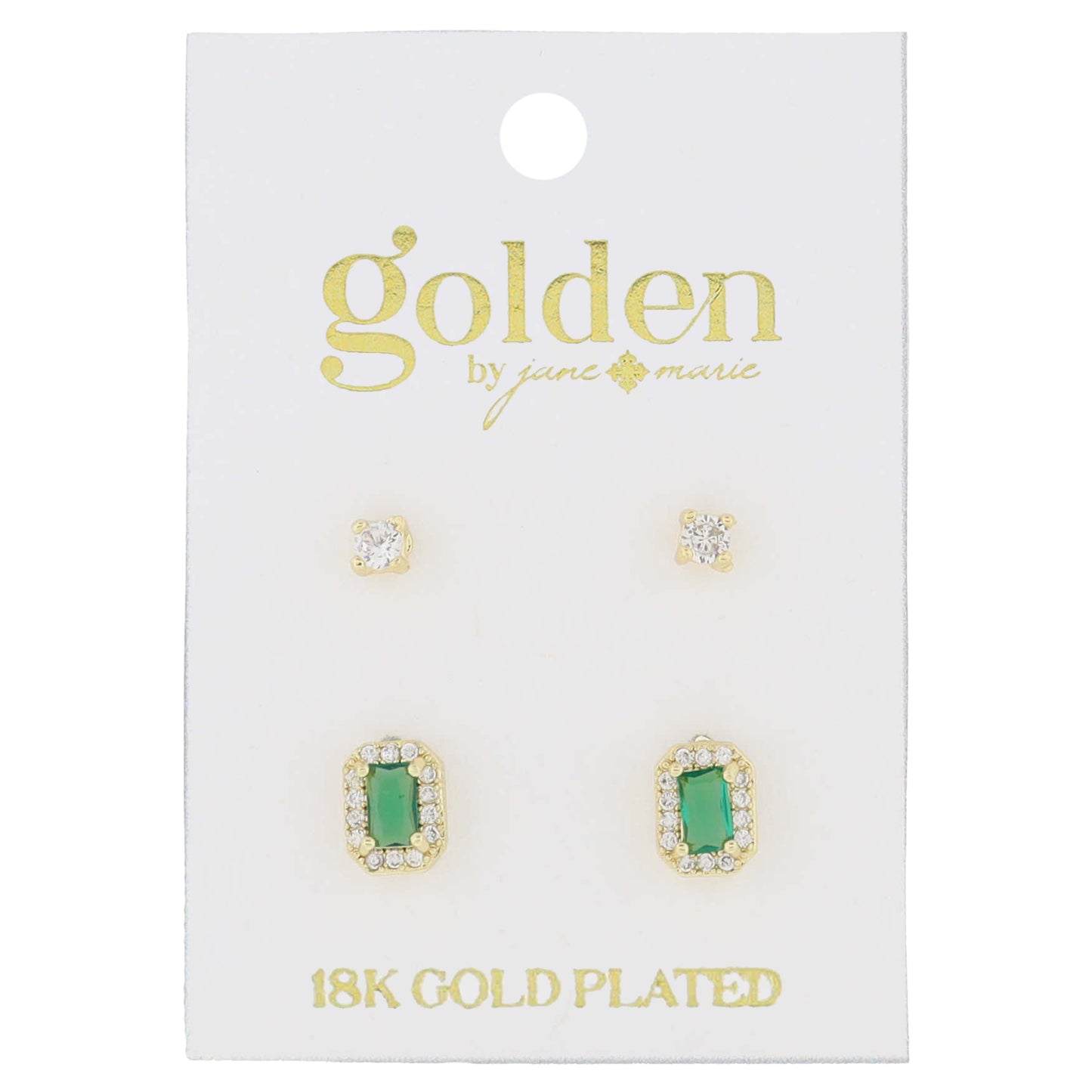 18K Gold Plated 2 Stud Set, Crystal, Emerald Baguette Earrings, .15", .35" Top to Bottom