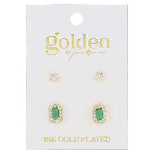 18K Gold Plated 2 Stud Set, Crystal, Emerald Baguette Earrings, .15", .35" Top to Bottom