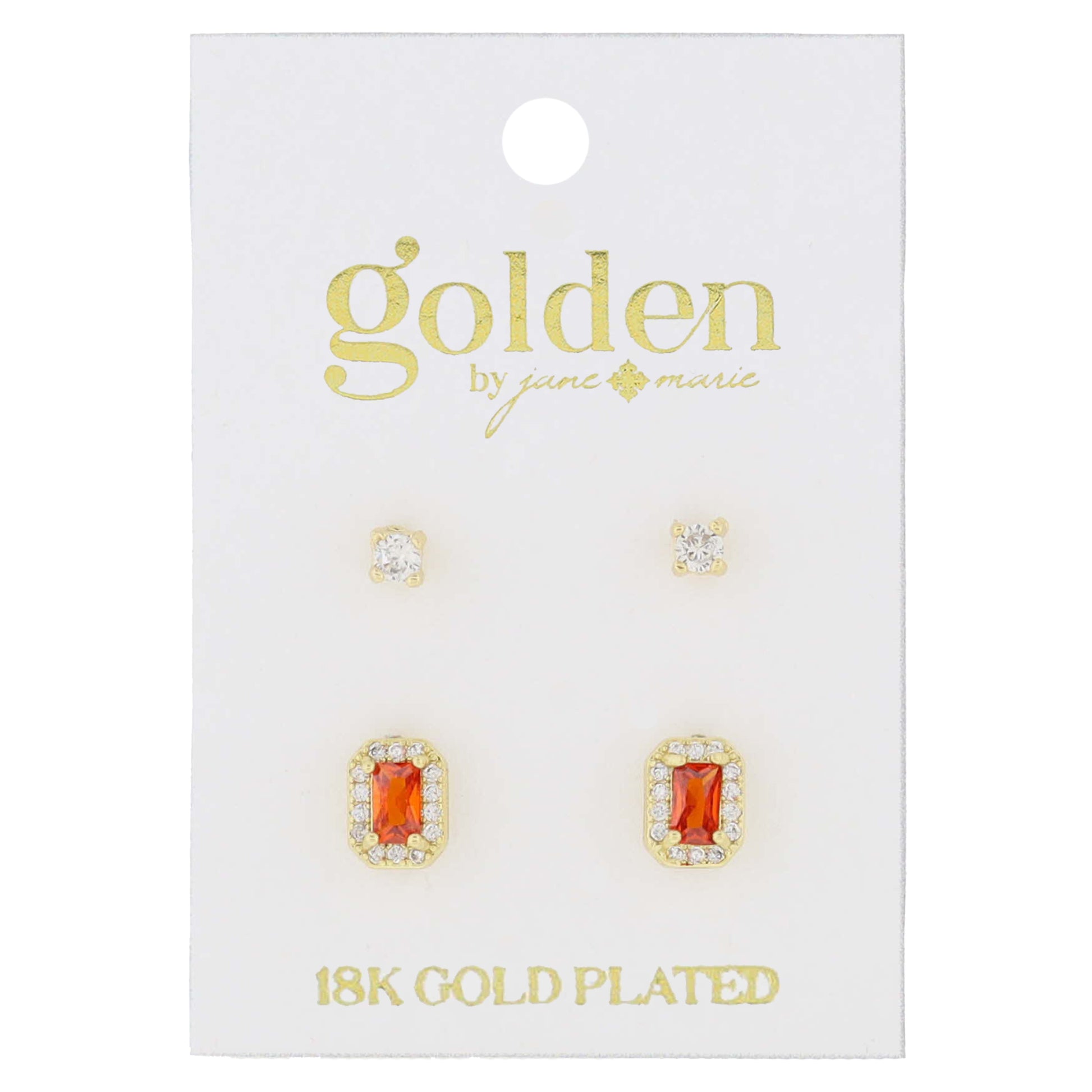 18K Gold Plated 2 Stud Set, Crystal, Ruby Baguette Earrings, .15", .35" Top to Bottom