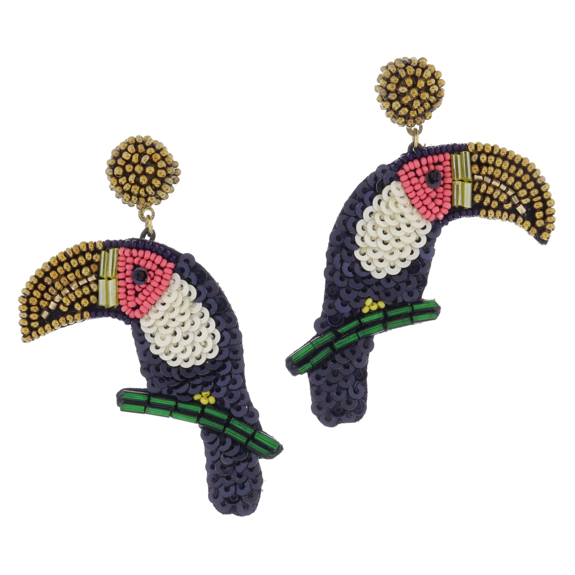 Bronze Beaded Post with Multi Sequin and Beaded Toucan Earrings, 2.75" Top to Bottom