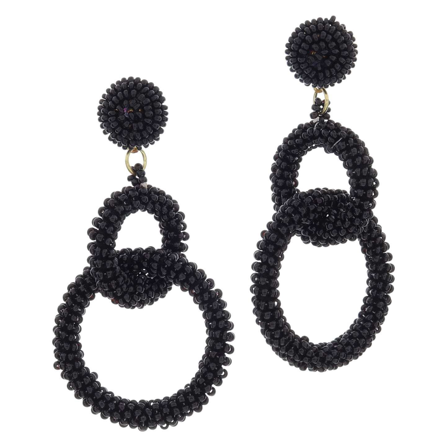 Black Beaded Post with Interlocked Black Beaded Circles Earrings, 3.25" Top to Bottom