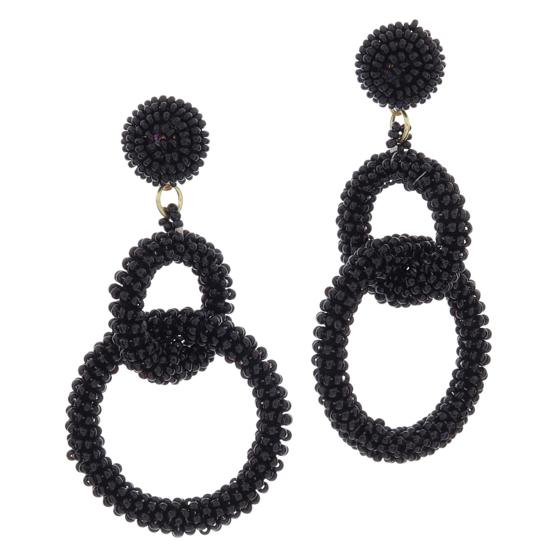 Black Beaded Post with Interlocked Black Beaded Circles Earrings, 3.25" Top to Bottom